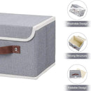 ANMINY 2PCS Storage Bins with Lid PU Leather Handles Storage Boxes PP Plastic Board Decorative Foldable Lidded Cotton Linen Fabric Home Cubes Baskets Closet Organizer Containers - Gray, Small Size by CozyNest Decor