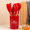 Silicone Cooking Utensils Set, Premium Beech Wood Handle Kitchen Gadgets Utensil Set, Non-Stick Kitchen Utensils Spatula, Tongs, Turner, Whisk, Brush, Spoon, BPA FREE, 446°F Resistant (Red) by CozyNest Decor
