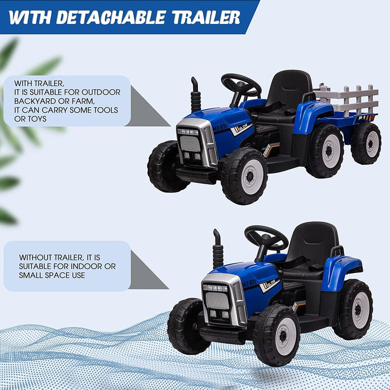 12V Kids Electric Tractor Battery Powered Ride on Toy with Detachable Large Trailer for Age 3+, Blue