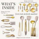 Styled Settings 23-Piece Beige and Gold Utensils Set – Silicone Nonstick Cooking Tools with Garlic Press, Can Opener, Measuring Cups, Utensil Holder – Luxury Kitchen Accessories for Modern Homes by CozyNest Decor