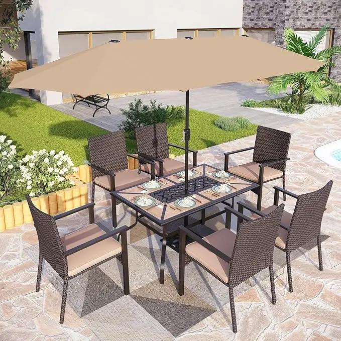 PHI VILLA Outdoor Dining Table for 6, Rectangular Metal Wrought Iron Table with Polywood Tabletop and Umbrella Hole, Large Heavy-Duty Furniture for Patio, Deck, Yard, Porch, photo 2 of 7