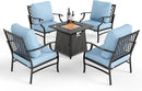 Patio Furniture Set with Fire Pit Table, 5 Pcs Metal Outdoor Conversation Set, 4 Single Chairs with 5.75" Extra Thick Cushion and 28" Fire Pit Table for Backyard Deck, Blue by GreenHaven Gardens