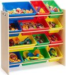 Amazon Basics Kids Toy Storage Organizer With 12 Plastic Bins, Natural Wood With Bright Bins, 10.9" D x 33.6" W x 31.1" H by CozyNest Decor