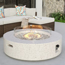 COSIEST Outdoor Propane Fire Pit Coffee Table w Terrazzo White 42 inch Round Base Patio Heater, CSA Certified, 50,000 BTU Stainless Steel Burner, Wind Guard, Transparent Gray Fire Glass, Rain Cover by GreenHaven Gardens