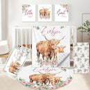 Personalized Nursery Bedding - 5 Pcs Custom Baby Crib Set with Name, Double Layer Crib Bedding for Girls, Cows and Flowers Theme by TinyTreasures Baby Boutique