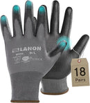 LANON 18 Pairs Safety Work Gloves, Mechanic Working Gloves for Men,Breathable PU Coated, Seamless Knit,Double Wash, Grey, Large by GreenHaven Gardens