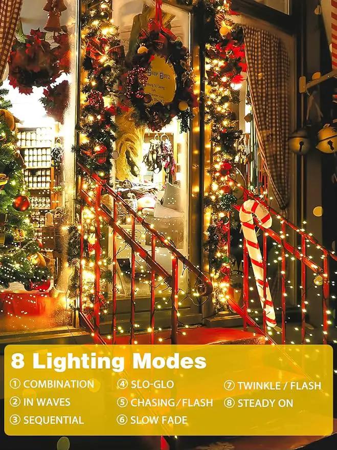 6 Pack 600 LED Solar String Lights for Outside, Solar Christmas Lights Outdoor Waterproof, Green Wire Twinkle Light with 8 Lighting Modes for Xmas Tree Wedding Party Garden Decorations (Warm White), photo 7 of 9