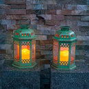 SteadyDoggie Solar Lanterns 2 Pack Green - Hanging Solar Lights with Flickering Candle LED - Retro Ornate Hanging Solar Lantern with Handle by GreenHaven Gardens