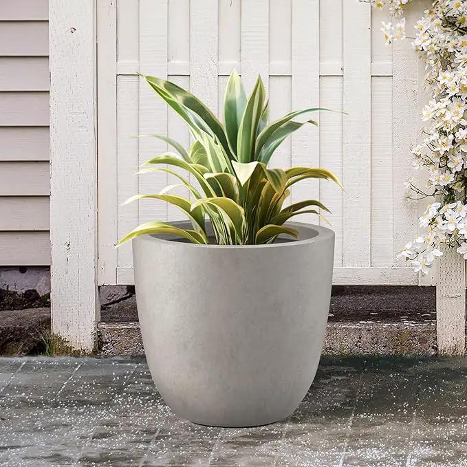 Kante 14 Inch Dia Round Concrete Planter, Indoor Outdoor Large Plant Pot with Drainage Hole and Rubber Plug for Home Patio Garden, Weathered Concrete, photo 6 of 7