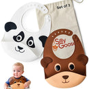 Silly Goose Set of 2 Silicone Animal Baby Bibs for Babies and Toddlers, Waterproof, Adjustable, Soft, Extra Wide Food Catcher Pocket (2PK Panda+Bear) by TinyTreasures Baby Boutique
