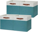 HNZIGE Fabric Storage Bins for Shelves 13x13 Storage Cubes Set Of 4 Foldable Storage Baskets with Handles for Organizing Cloth Closet Toy Nursery(Teal&White) by CozyNest Decor