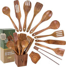 Vasilek Wooden Cooking Utensils Set – 12-Piece Acacia Wood Kitchen Utensil Set with Square Holder & Spoon Rest, Non Toxic Wooden Tools for Nonstick Cookware, Spatula, Ladle, Serving Spoon by CozyNest Decor