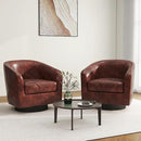 Swivel Barrel Accent Chair, Modern Round Faux Leather Arm Chair for Living Room, Bedroom, Comfy Club Reading Chairs for Adults(Faux Leather, Red Brown, Set of 2) by CozyNest Decor