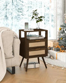 Rattan Nightstand with Charging Station,Modern Bedside Table with 2 Storage Drawer and Open Wood Shelf, for Bedroom and Small Spaces,Night Stand with Solid Wood Legs (Walnut Brown) by CozyNest Decor