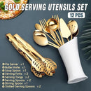 Gold Serving Utensils, OGORI 12-Piece Stainless Steel Serving Utensils Include Serving Spoons, Slotted Spoons, Serving Tongs, Serving Forks, Butter Knife, Stirring Spoon, Soup Ladle, Pie Server by CozyNest Decor