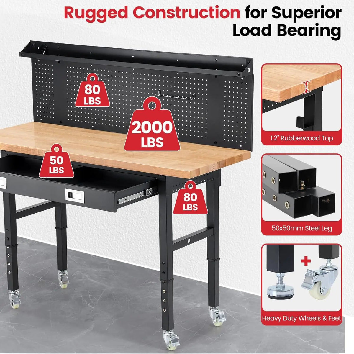 Workbench with Wheels 60 x 22 Inch Heavy Duty Rubber Wood Tabletop Work Bench with Pegboard, Drawers, Power Outlets Adjustable Height Work Table for Woodworking Shop, Home, Office, photo 2 of 6