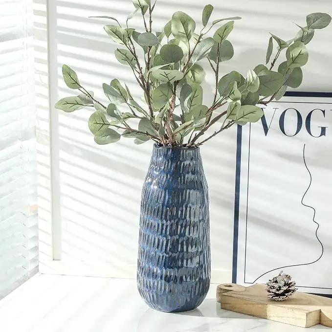 Blue Ceramic Vase for Home Decor, 12.6 Inch Tall Flower Vase with Modern Textured Finish,Decorative Floor Vase for Pampas Grass, Entryway, Living Room, Dining Table, Farmhouse or Office, photo 6 of 8