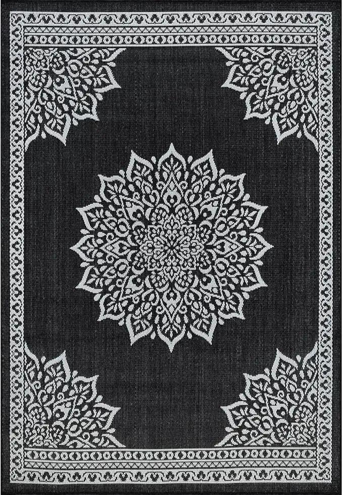 CAMILSON Outdoor Rug, 6x9 Medallion Black White Modern Area Rugs for Indoor and Outdoor Patios, Kitchen and Hallway Mats, Washable Porch Deck Outside Carpet (Medallion Black, 6 x 9), photo 4 of 10