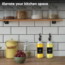 Olive Oil Dispenser Bottle - Includes 55 Kitchen Essential Labels - Cooking Oil Bottles for Kitchen, Coffee Syrup Dispenser - Pourer Spout with 16.9 fl oz Glass Container Cruet - 2pcs, Black by CozyNest Decor