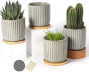OMAYKEY 4 Inch Ceramic Plant Pot with Saucer, Creative Stripe Grey-Green Small Planters Pots with Drainage Hole and Mesh Pads for Succulent, Cactus, Herbs - Set of 4 by GreenHaven Gardens