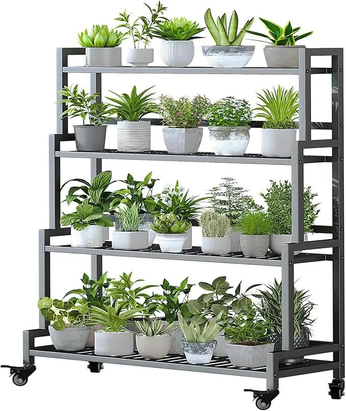 YIZAJIA Plant Stand Indoor 4 Tier Metal Outdoor Tiered Stands Shelf With wheel for Multiple Plants Potted Ladder Plant Holder Table Plant Pot Stand for Window Garden Balcony Living Room (4 Tier-Black)