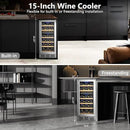 15 Inch Dual Zone Wine Refrigerator, 29 Bottle Under Counter Wine Fridge, Wine Refrigerator for Built-In or Freestanding, Wine Cooler with Removable Shelves, Double-Layer Glass Door, for Home by CozyNest Decor