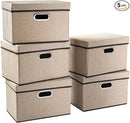 PRANDOM Collapsible Storage Containers with Lids [5-Pack] Jute Fabric Foldable Storage Bins Boxes Organizer Baskets Cube with Cover for Home Bedroom Closet Office Nursery (14.9x9.8x9.8) by TinyTreasures Baby Boutique