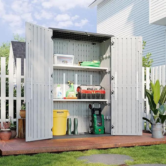 Aoxun White Resin Outdoor Storage Shed with 2 Shelves & Floor, 64 Cu.Ft Vertical Waterproof Cabinet for Garage, Pool, Bike, Garden Tools, Patio Furniture