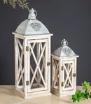 Set of 2 Large Farmhouse Wooden Metal Lanterns, Rustic Decorative Floor Candle Lanterns, Whitewash Distressed Hanging Lanterns for Home Decor (No Glass) by CozyNest Decor