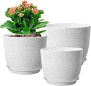 10/9/8 inch Medium Plant Pots, Set of 3 Modern Decorative Plastic Planters with Drainage Holes and Saucers for Garden House Plants, Flower Pots for Indoor Outdoor Plants, Speckled White by GreenHaven Gardens