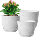 9/8/7.5 inch Flower Pots, Set of 3 Modern Decorative Plastic Planters with Drainage Holes and Saucers for Garden House Plants, Plant Pots for Indoor Outdoor Plants, Speckled White by CozyNest Decor