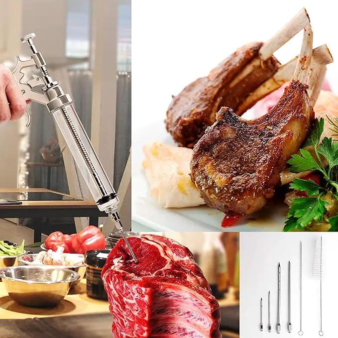Meat Injector Syringe Stainless Steel Outdoor Meat Kit Marinade Flavor Food Injector Syringes with 4 Marinades Needles Grill Smoker Injectors Professional Syringe Held Culinary Barbecue Tool For BBG, photo 7 of 7