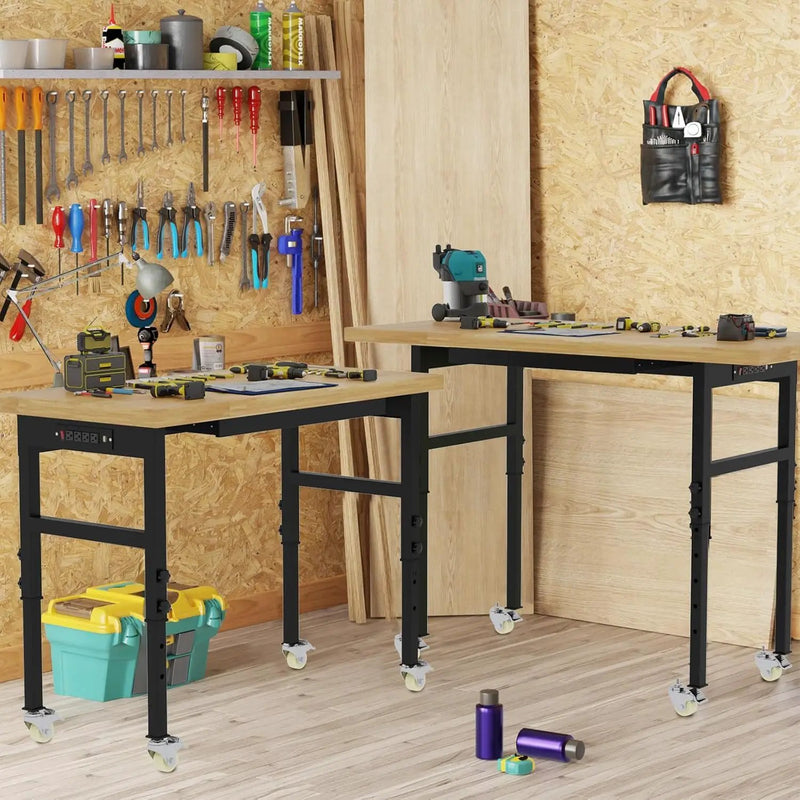 48' Adjustable Workbench, Solid Wood Work Bench Table with Wheels and Power Outlet, Rolling Workbenchs Large Load Capacity Garage Workbench for Workshop,Office,Home, photo 2 of 6