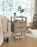 Rattan Nightstand with Charging Station,Modern Bedside Table with 2 Storage Drawer and Open Wood Shelf, for Bedroom and Small Spaces,Night Stand with Solid Wood Legs (Grey Oak) by CozyNest Decor