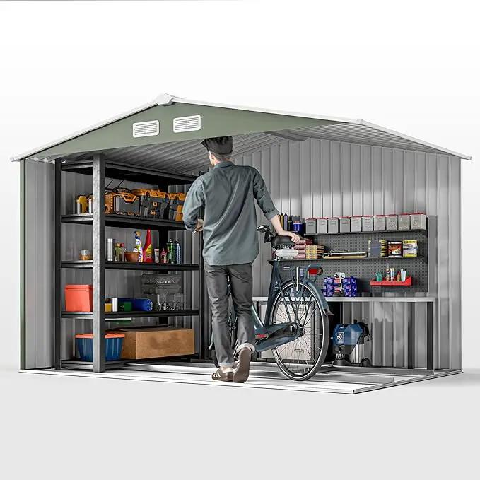 Outsunny 9' x 6' Outdoor Storage Shed, Garden Tool Metal Shed with Foundation Kit, Double Lockable Door, Air Vents and Sloping Roof, for Backyard, Patio, Lawn, Green, photo 9 of 9