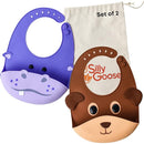Silly Goose Set of 2 Silicone Animal Baby Bibs for Babies and Toddlers, Waterproof, Adjustable, Soft, Extra Wide Food Catcher Pocket (2PK Hippo+Bear) by TinyTreasures Baby Boutique