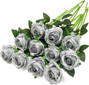 Silver Fake Roses Artificial Flowers - 10 Pcs Fake Artificial Roses Silk Flowers with Stems for Home Wedding Hotel Office Centerpiece Decor by CozyNest Decor