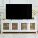 JYED Mid Century Modern TV Stand for TVs up to 75", 69.5" W White Entertainment Center with 4 Gold Metal Mesh Doors - Wood Grain MDF TV Console, Media Storage by CozyNest Decor