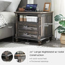 T4TREAM 24'' Farmhouse End Table w/4 Solid Wood Feet, Large 2 Drawers Wide Sofa Side Table with Charging Station, Tall Rustic Wood Square Nightstand for Living Room, Bedroom, Office, Dark Rustic Oak by CozyNest Decor