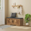 2-Tier Storage Bench, Shoe Bench with Padded Seat Cushion, Entryway Bench with 2 Barn Doors, Adjustable Shelf, 13.8" D x 39.4" W x 17.7" H, for Entryway, Living Room, Bedroom, Rustic Walnut by CozyNest Decor