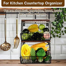 CYEAH 2 Pcs Stackable Fruit Basket for Kitchen, Hanging Wall Fruit Basket with Wood Lid, Space Saving Wall Mounted Mesh Metal Wire Baskets, Kitchen Counter Organizer for Snack, Onion, Potato Storage by CozyNest Decor