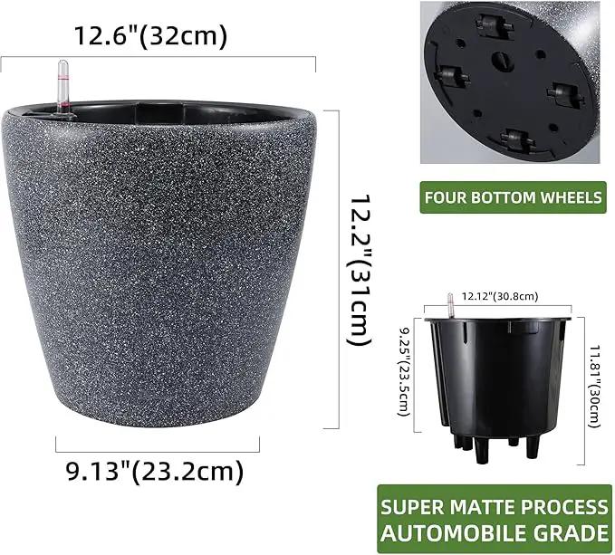 Dexceder 13x12 Self Watering Planter with Wheels Indoor Outdoor, Inner Pot Design, Thickened Large Floor Standing Flower Plant Pot with Water Level Indicator (Stone Matte), photo 3 of 6