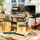 Outsunny Outdoor Grill Cart with Wheels and Storage, Solid Wood Outdoor Kitchen Island with Stainless Steel Top, Movable Bar Cart with Spice Rack, Side Handle, Integrated Hole for BBQ, Natural Wood by CozyNest Decor