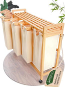 Laundry Sorter with 4 Sections beige, Hamper with Removable Cotton Bags & Wheels – Perfect Laundry Organizer - Eco-Friendly Rolling Laundry Basket – Durable Bamboo and Stylish Design by CozyNest Decor