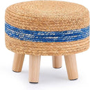 Handwoven Round Ottoman, Natural Water Hyacinth Outdoor Patio Pouf Seagrass Low Stool with Wood Legs, Soft Padded Footrest for Living Room Bedroom Garden, Blue by CozyNest Decor