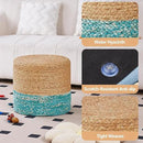 Wimarsbon 18'' Ottoman Pouf, Natural Braided Poof, Rustic Handweave Lounge Pouffe, Boho Footrest Stool for Bedroom, Accent Table for Living Room (Natural Water Hyacinth + Lake Blue Corn Husk) by CozyNest Decor