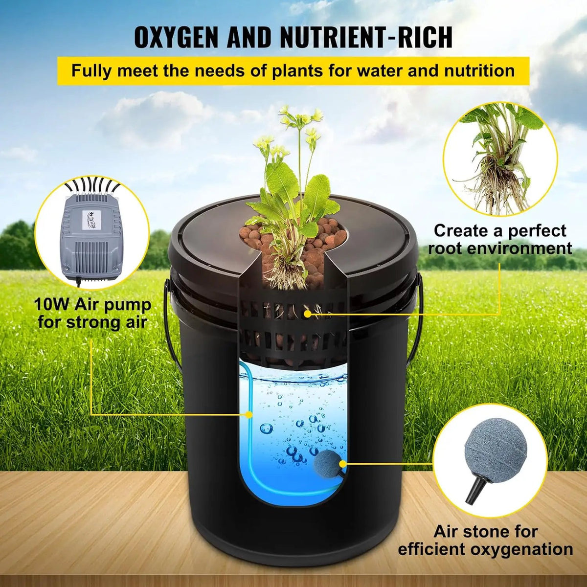 VEVOR DWC Hydroponic System, 5 Gallon 5 Buckets, Deep Water Culture Growing Bucket, Hydroponics Grow Kit with Pump, Air Stone and Connected Reservoir, for Indoor/Outdoor Leafy Vegetables, photo 5 of 6