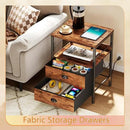 Furologee Night Stand with Charging Station, Bedside Table with Fabric Drawers, End Table with USB Ports & Outlets, Rustic Nightstand with Storage Shelf & Hooks, for Living Room/Bedroom, Rustic Brown by CozyNest Decor