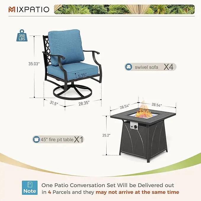 Patio Furniture Set with Fire Pit Table, 5 Pcs Metal Outdoor Conversation Set, 4 Swivel Chairs with 5.75" Extra Thick Cushion and 28" Fire Pit Table for Backyard Deck, Navy Blue, photo 6 of 8