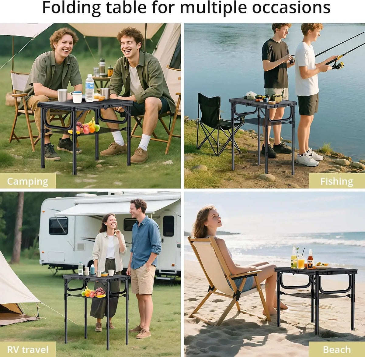 Folding Camping Table with Storage Net, Pure Black Aluminum 2ft Picnic Table 23.2" x 16" Outdoor Table Adjustable Height Max 27.5", Lightweight, Waterproof, Portable Handle for Travel Cooking, photo 5 of 6